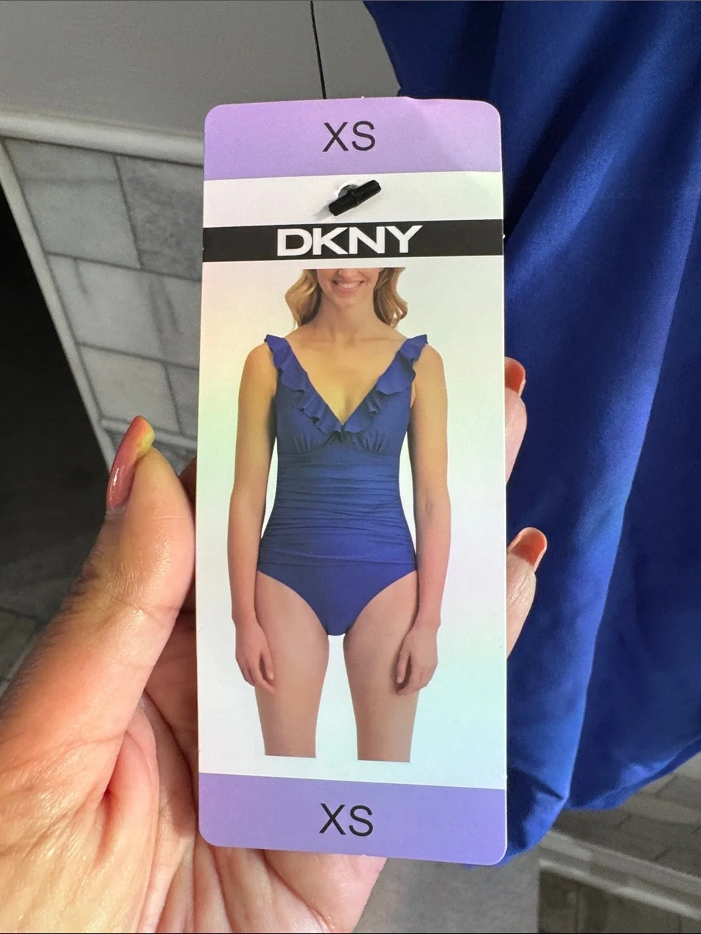 DKNY Royal Blue Ruffle V-Neck One-Piece Swimsuit - Picture 2 of 5